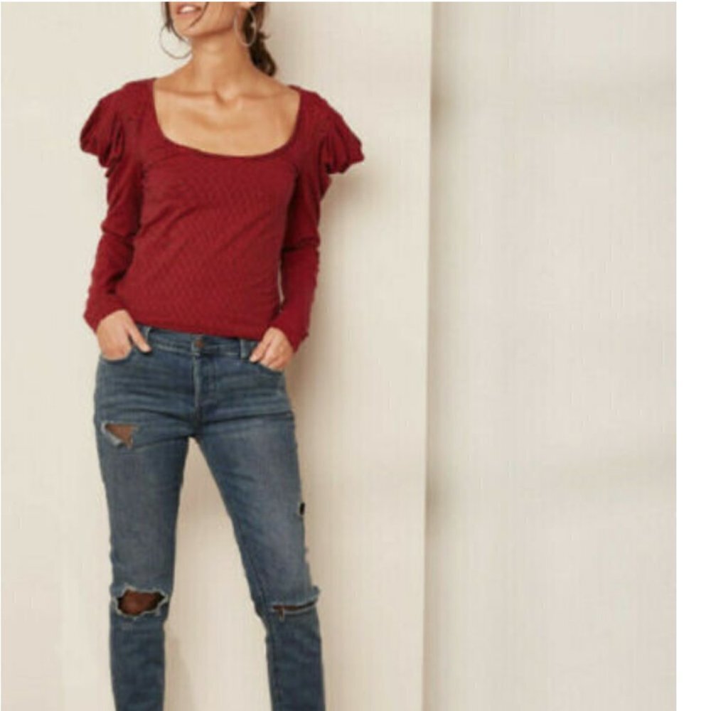 Free People Long Sleeve Ribbed Square Neck Top in Deep Red
